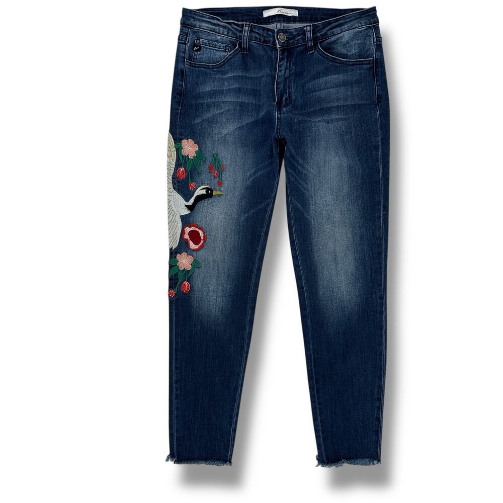 KanCan Dark Blue Straight Leg Jeans with Floral & Bird Embroidery